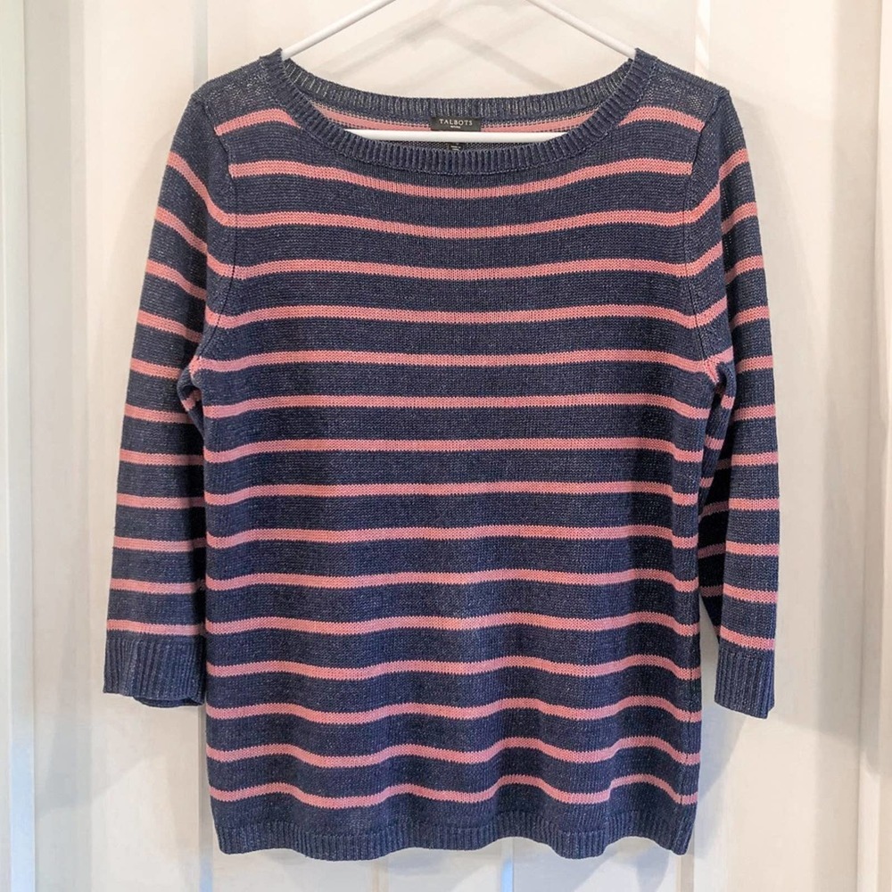 Talbots 100% Linen Striped Sweater Size Medium P - image 1